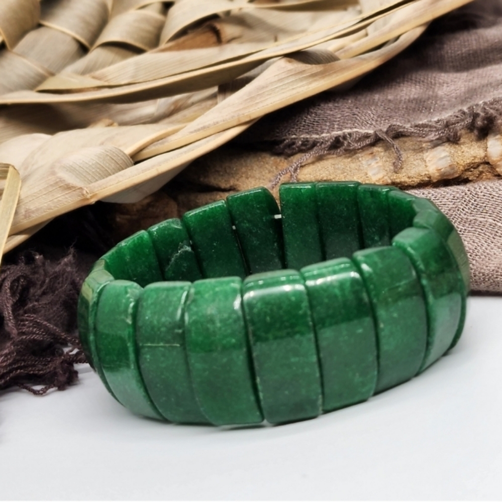 Vintage Genuine Green Jade Raw Stone Slip-on Stretchy Bracelet Boho Jewelry